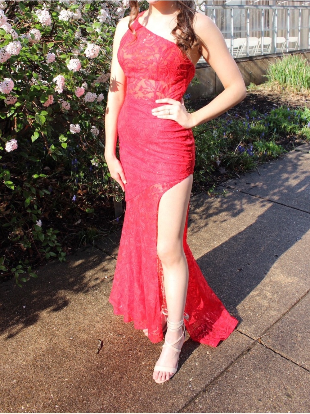 Mori Lee One-Shoulder Red Lace Gown with High Slit, Size 4